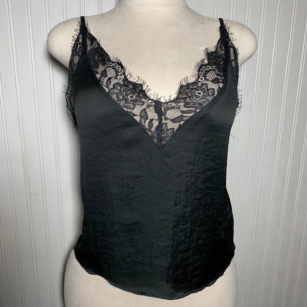 Urban Outfitters Coquette Black Lace Trim Cami Satin Eyelash V-Neck Top - Large